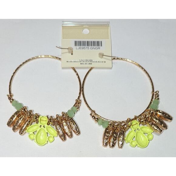 MIA Collection Hoop Earrings Gold Tone Green Beads Neon Yellow Dangle Statement - Picture 6 of 8